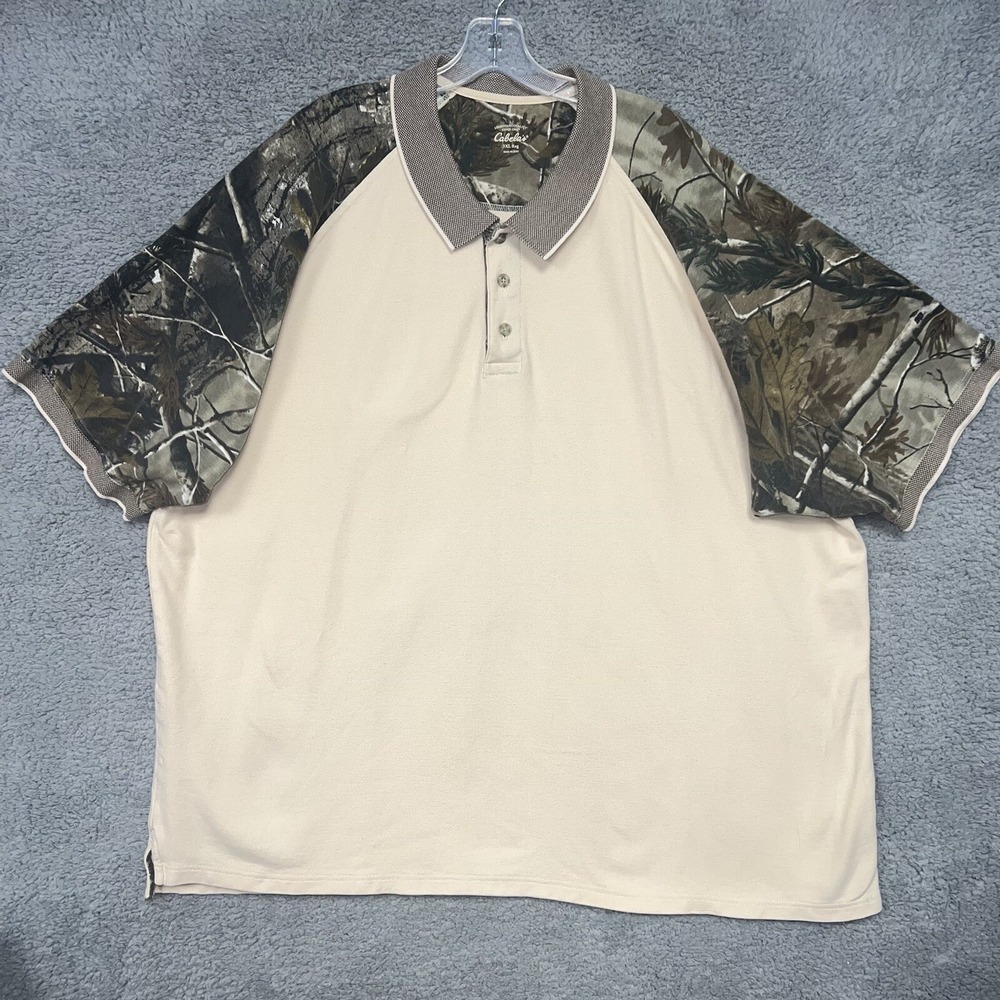 Cabela's Shirt Men's Size 3XL XXXL Tan Camo Raglan Polo Short Sleeve Outdoors